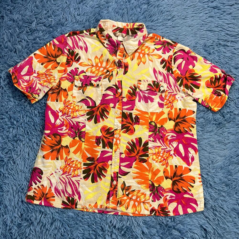 Tropical Floral Button Up Shirt Size XL Women’s Purple Yellow Retro Summer